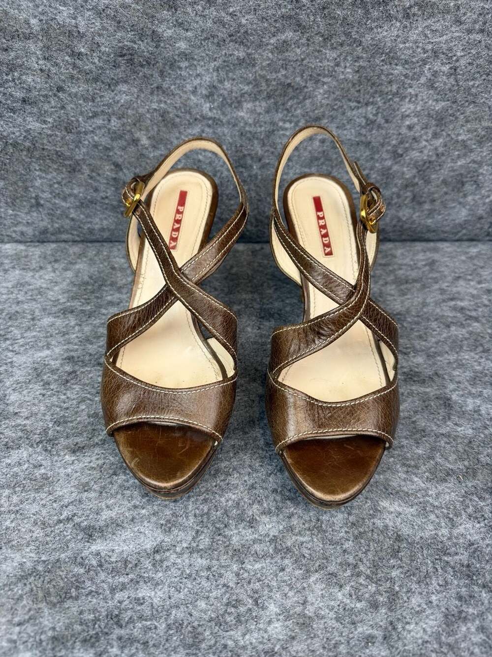 Prada Women's Brown Leather Criss-Cross Slingback Platform Sandals
